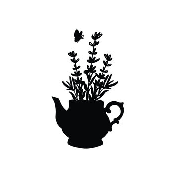 teapot with lavender vector silhouette. cynic with a bouquet of flowers vector garden silhouette