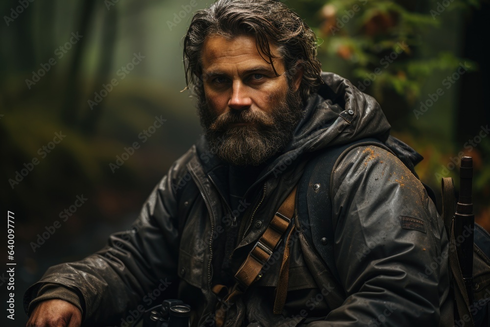 Wall mural portrait of a forester, bearded european man sitting in the forest on a rainy day