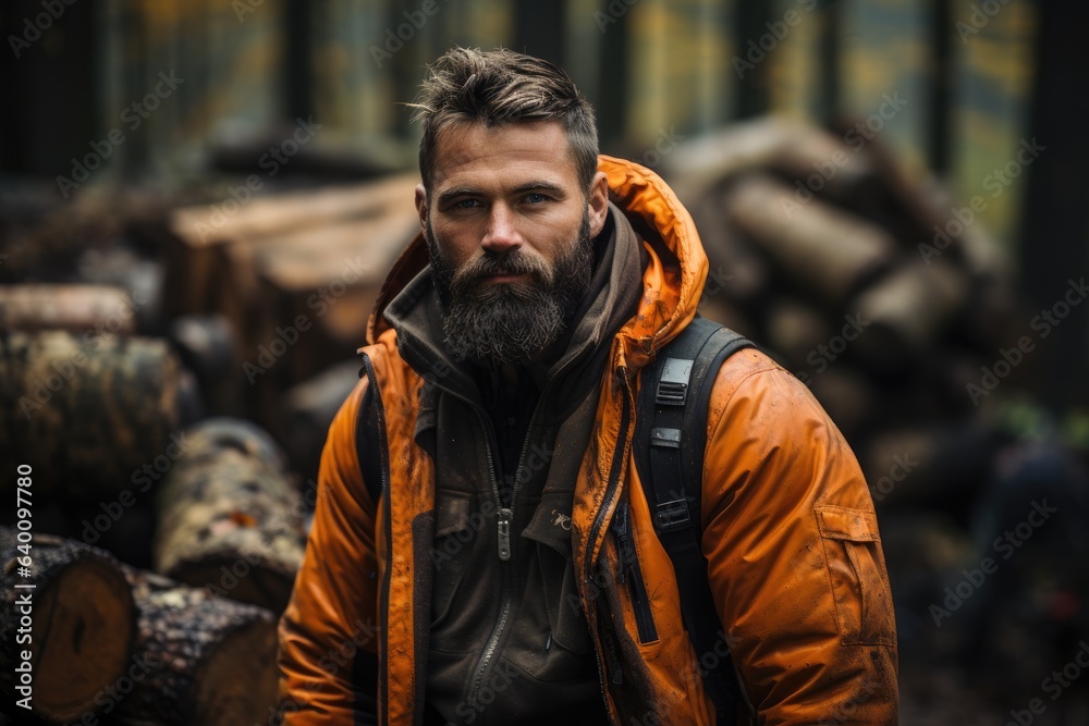 Wall mural portrait of a lumberjack, bearded european man in orange jacket stands in front of wooden logs on a 