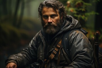 Obraz premium Portrait of a forester, bearded European man sitting in the forest on a rainy day