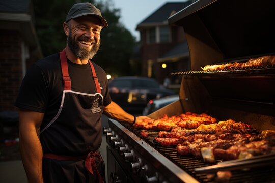 Portrait of a grill master, smiling bearded Caucasian man stands in front of an outdoor grill