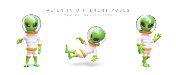 Green aliens in spacesuits. Humanoids in different poses. Set of vector 3D characters in cartoon style. Aliens in spacesuits with transparent helmet. Contact with another civilization © ArtHub02