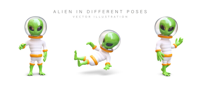 Green aliens in spacesuits. Humanoids in different poses. Set of vector 3D characters in cartoon style. Aliens in spacesuits with transparent helmet. Contact with another civilization
