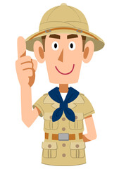 人差し指を立てて説明する探検家の服を着た男性　上半身
