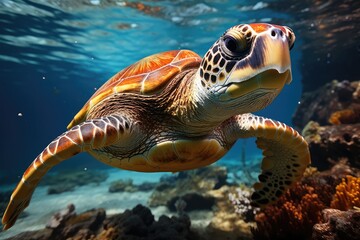 Large green sea turtle swimming over bottom in clean blue water of ocean