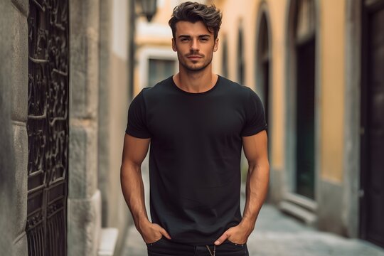 Portrait of a handsome young man in a black shirt. Design men t-shirt template and mock-up for branding or print.