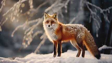 Close-up of fox in the winter forest.
