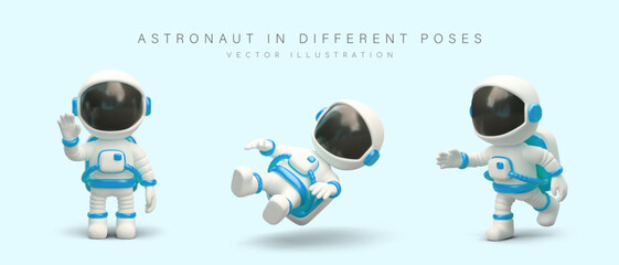 Realistic astronaut in space suit. Character in different poses. Cosmonaut stands, falls, flies, walks. Isolated vector illustration in cartoon style. Sign language