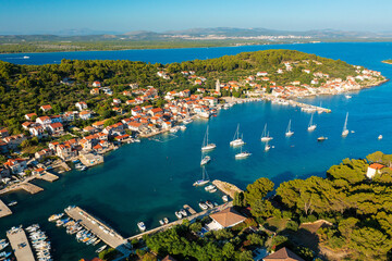 Aerial view of Prvic Luka town on Prvic Island, the Adriatic Sea in Croatia