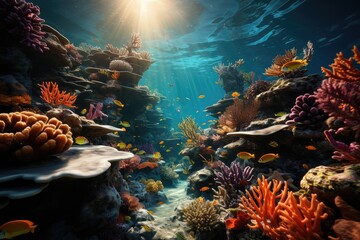 Diving sport concept. Underwater world. Coral reef and fishes in Red sea at Egypt. Vacation time