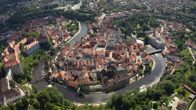 Picturesque town of Česk&yacute; Krumlov on meandering bend of Vltava river.