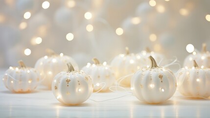 Autumn border arrangement of white pumpkins and light bulbs
