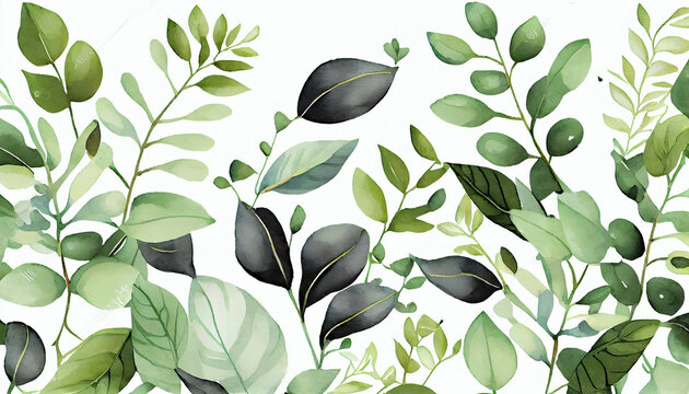 Pattern with green leaves, Hand painted foliage pattern, seamless floral print with green leaves, watercolor illustration isolated on white background for your wallpapers, Ai generated image