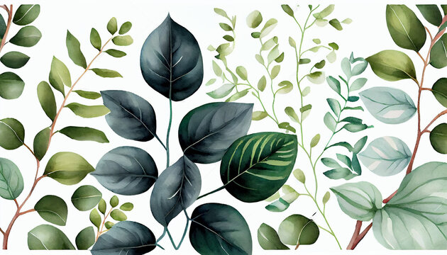 Pattern with green leaves, Hand painted foliage pattern, seamless floral print with green leaves, watercolor illustration isolated on white background for your wallpapers, Ai generated image