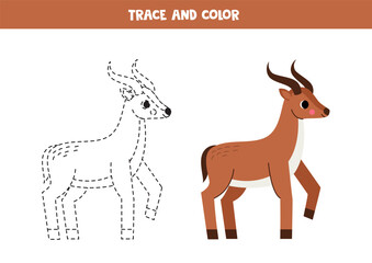 Trace and color cartoon antelope. Worksheet for children.