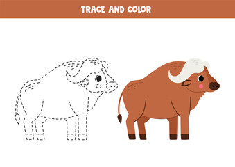 Trace and color cute cartoon African buffalo. Worksheet for kids.