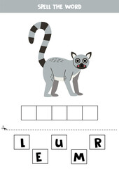 Spelling game for preschool kids. Cute cartoon lemur