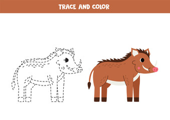 Trace and color cartoon warthog. Worksheet for children.