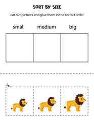 Sort cute lions by size. Educational worksheet for kids.