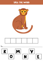 Spelling game for preschool kids. Cute cartoon monkey.