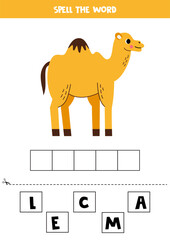 Spelling game for preschool kids. Cute cartoon camel.