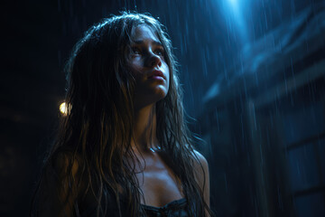cinematic, full shot body image, teenage girl in the dark, moon light, scene of horror, ai generated
