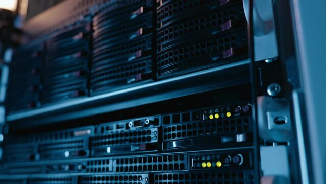 Server rack with supercomputer hardware in big data center inside closeup