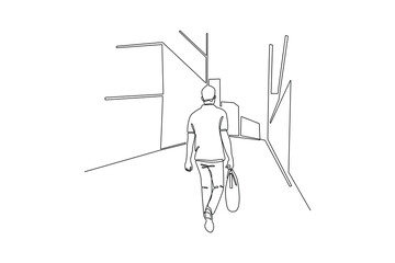 Continuous one line drawing People going along city street. Urban panorama with pedestrians, cyclists, buildings, trees and road. Horizontal cityscape concept. Doodle vector illustration.