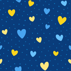 Seamless pattern with hearts in Ukrainian colors. Ukrainian Flag. Vector background. Texture for print, textile, fabric.