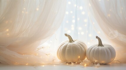 Autumn border arrangement of white pumpkins and light bulbs