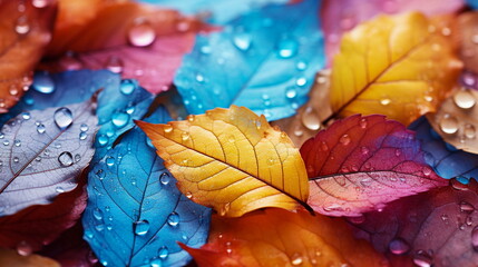 Colorful autumn leaves with water drops close up. Natural background.