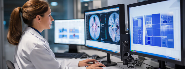 a doctor in a white lab coat looking at a computer screen displaying a high-resolution MRI scan of a prostate gland, providing a detailed view of the organ. The doctor appears focused - obrazy, fototapety, plakaty