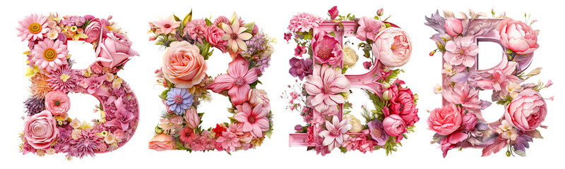 Set oF pink and floral letter B, 3D illustration , pink and floral letter B isolated white transparent background, PNG.