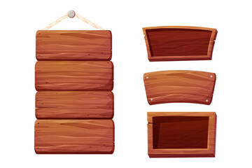Set of wooden tablets, hanging textured panels rope, signboards with pointer, in cartoon style isolated on white background. Rustic board, plank with place. Ui game assets