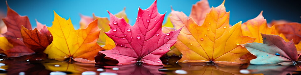 Colorful autumn maple leaves with water drops on a blue background.