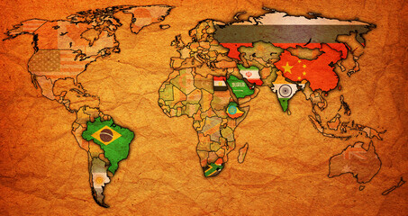 BRICS member countries and candidates territory on world map