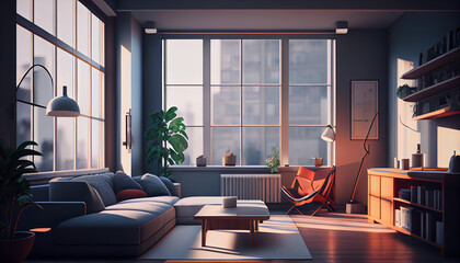 Modern Interior of a room, Illustration of modern light apartment with big windows, Ai generated image 