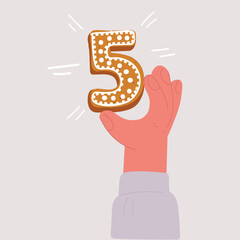 Vector illustration of hand hold five 5 number cookie. Gingerbread