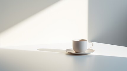 A cup of coffee with on the table against a light wall minimalistic background
