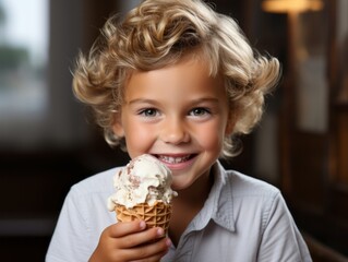 Smiling young boy holding an ice cream cone