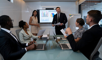 six business people working at office