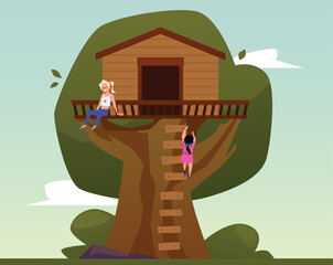 Fototapeta na wymiar Girls have fun, climb on tree house with ladder, vector isolated children game treeshed summer camp, sky landscape