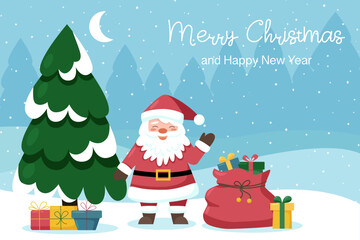 Christmas background. Santa Claus with gift boxes near Christmas tree. 