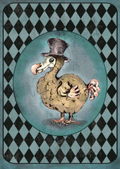 Watercolor Dodo bird in vintage style on grunge diamond checker background  © onanana