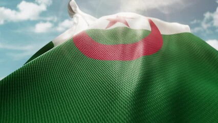 Wavy flag of Algeria blowing in the wind in slow motion. Waving colorful symbol Algerian flag abstract vertical background