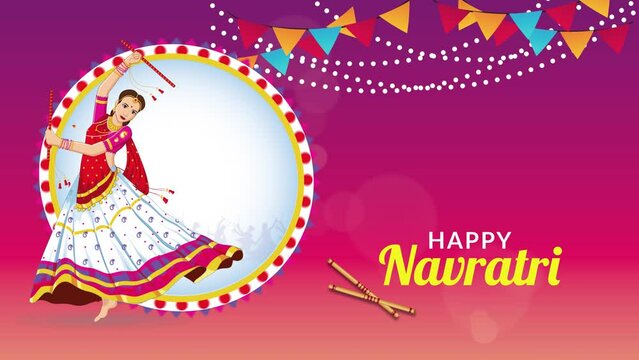 Navaratri wishes to all Indians around the globe, celebrating this vibrant Indian festival with unity, happiness, and cherished traditions. Animated dandia dancer.