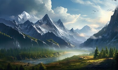 Photo of a stunning landscape painting capturing the beauty of a mountain range and a meandering river