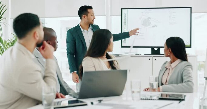 Business people, presentation and windmill design for renewable energy, eco friendly and sustainability solution in meeting. Engineering manager with screen for wind turbine project and teamwork