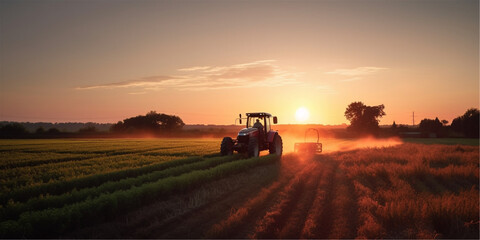 Tractor working on agricultural fields during sunset, Agricultural Vehicle