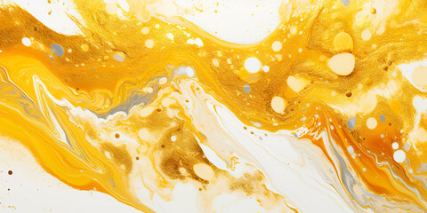 Dynamic marbled oil and acrylic abstract art. yellow or gold and white blend fluidly, forming a captivating marbled paper texture. Ideal for wallpapers, banners, and illustrations.